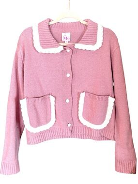 ME Light Pink Peter Pan Collar Cardigan Coquette Cottagecore Knit Sweater M